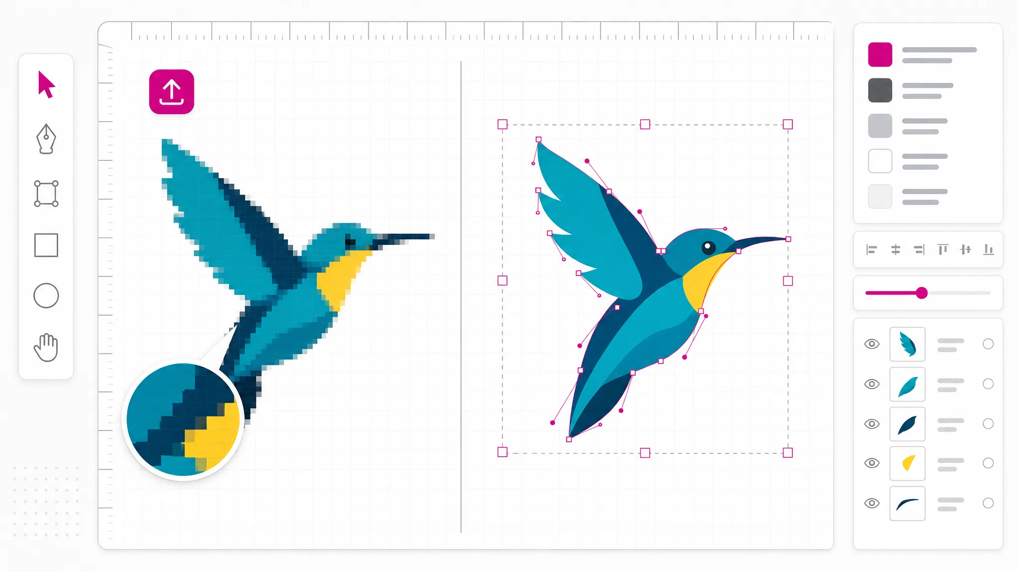 An uploaded bitmap image being traced into clean scalable vector shapes.