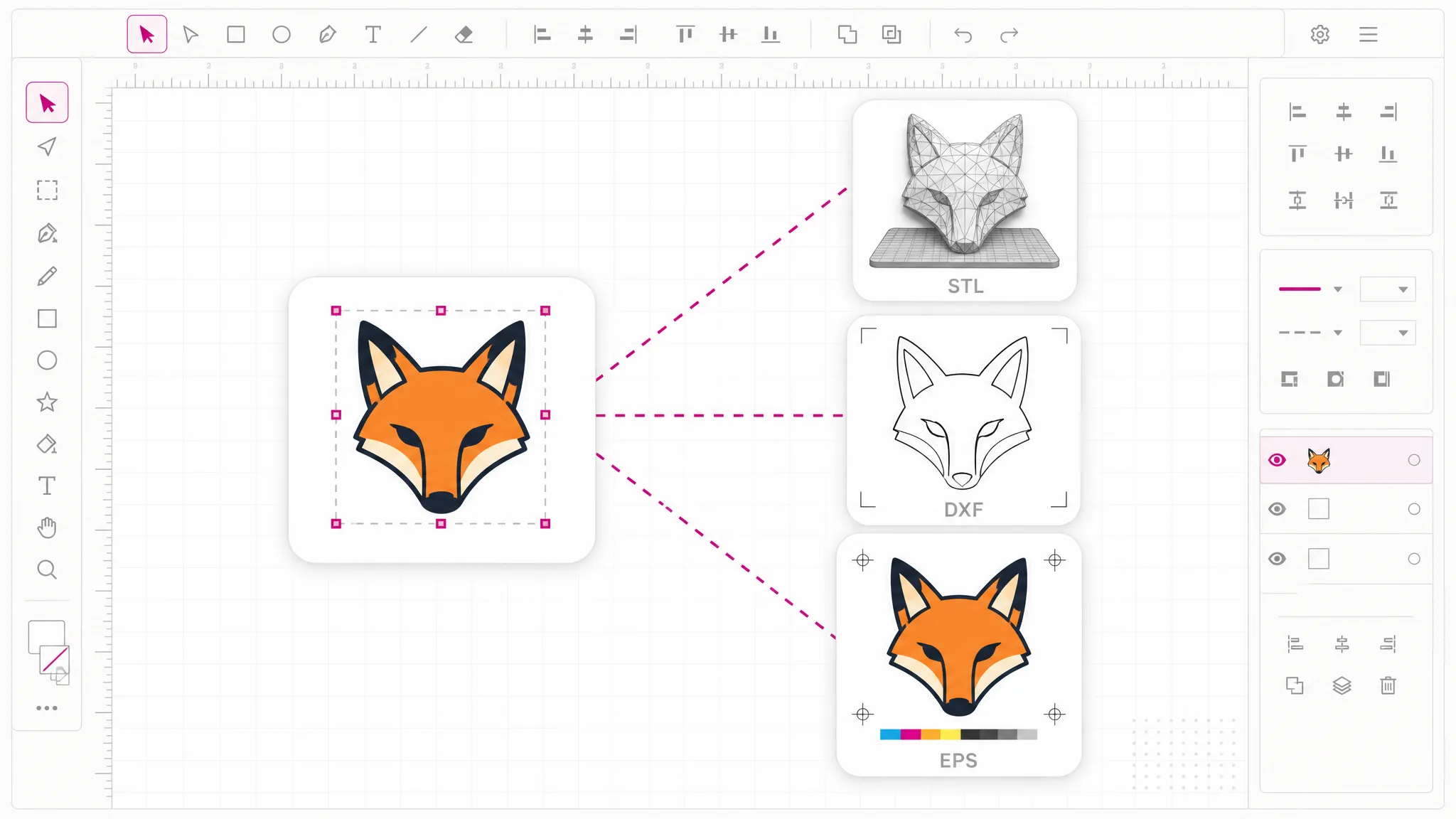 One SVG file exporting out to STL, DXF, EPS and other production formats.