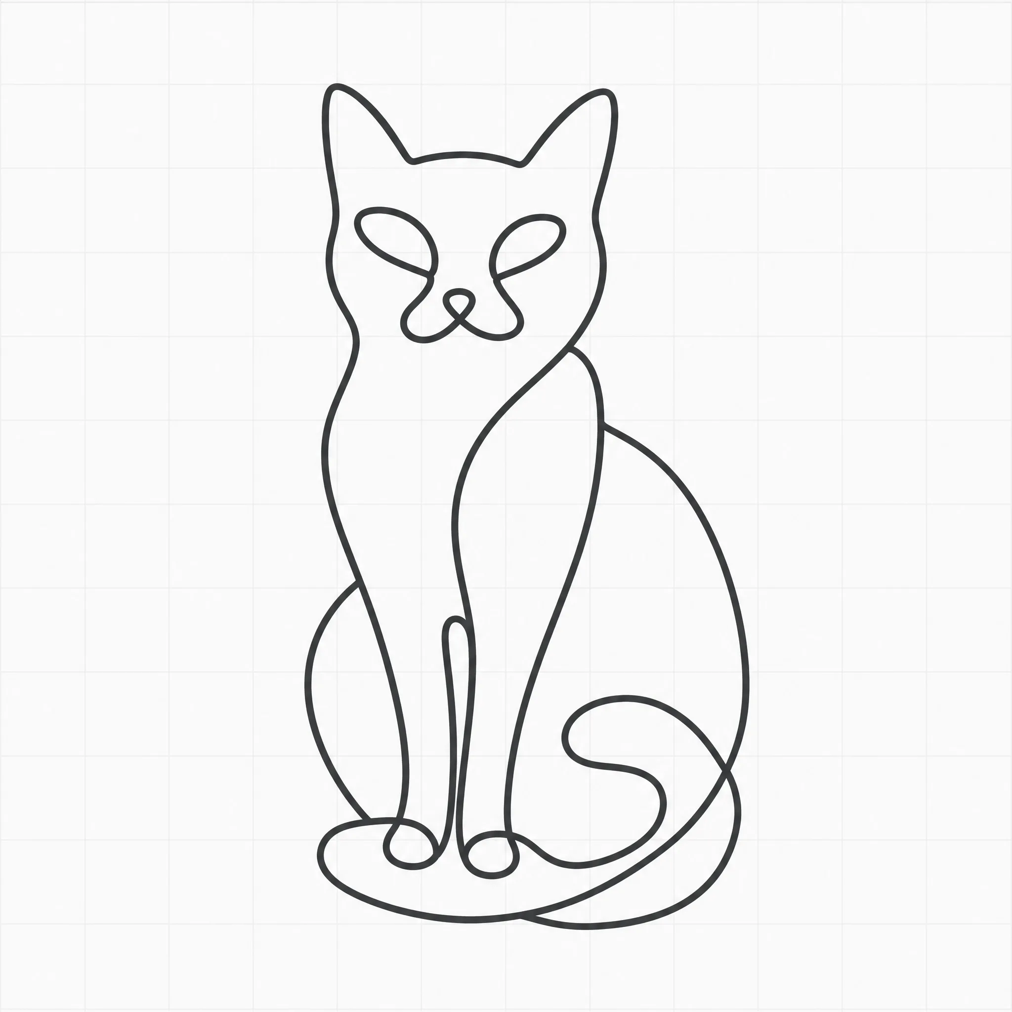 A sitting cat drawn in one continuous line — vector strokes stay hairline sharp however far you zoom in.